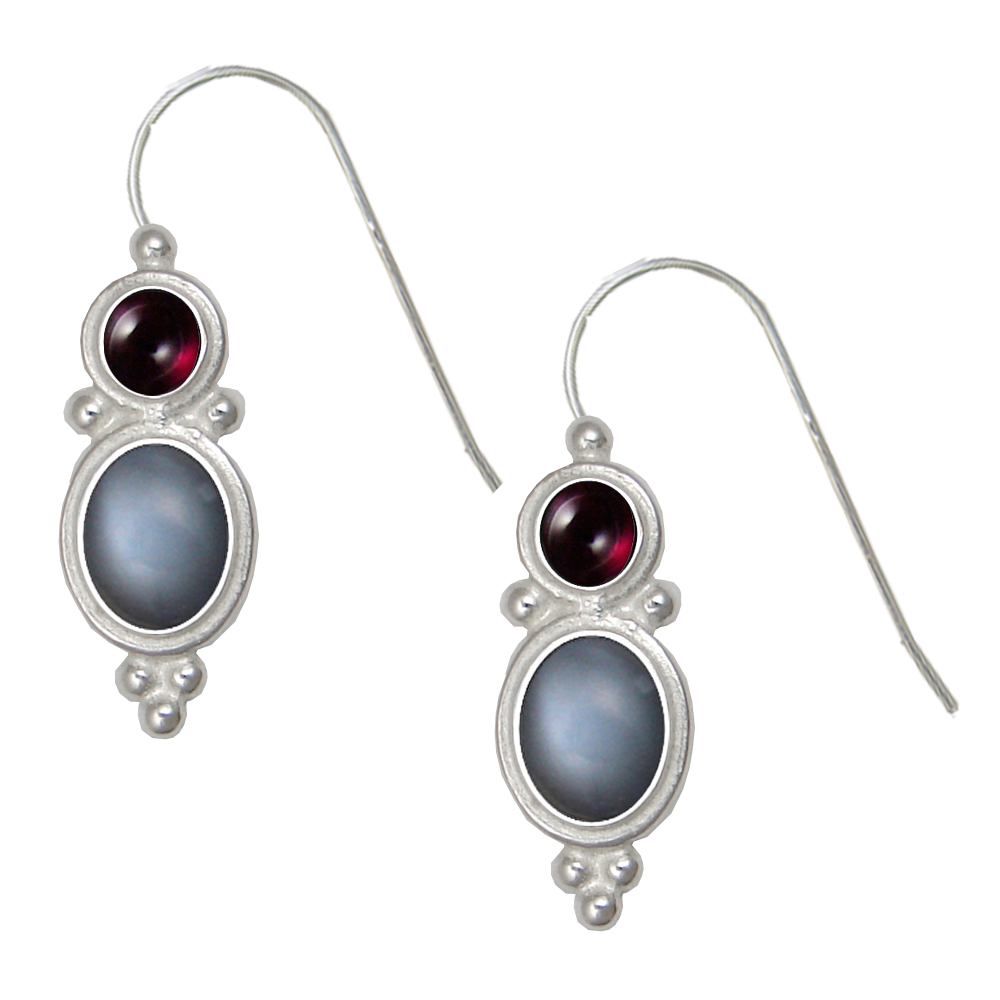 Sterling Silver Drop Dangle Earrings Grey Moonstone And Garnet